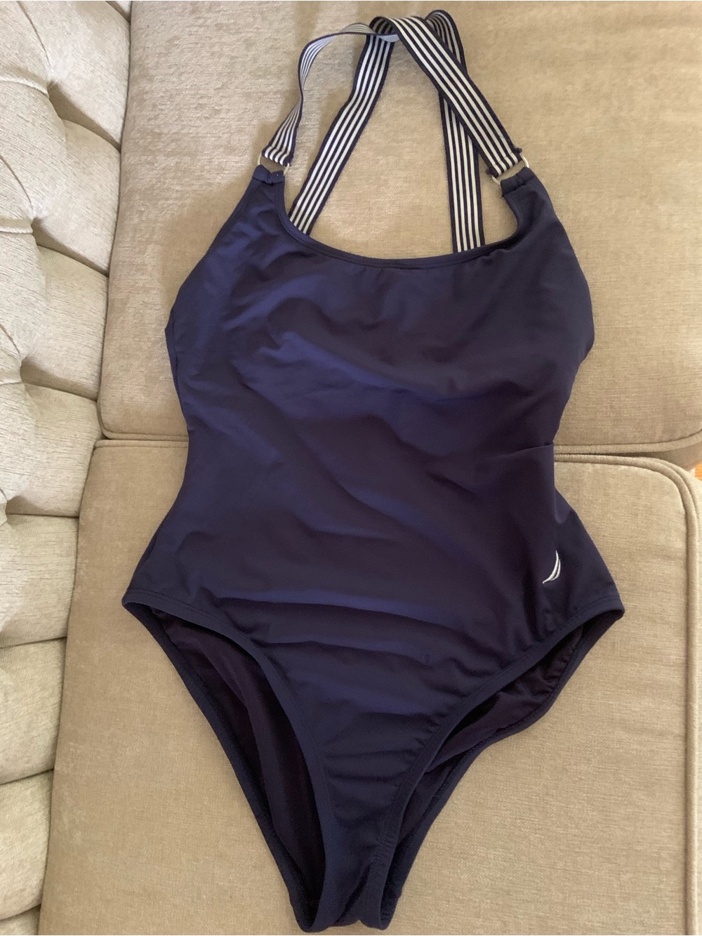 Nautica Navy One-Piece Swimsuit with Striped Cross-Back Straps